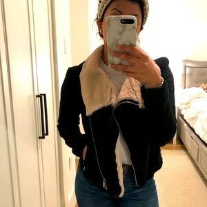 Black HM Faux Shearling Motorcycle Jacket US 2